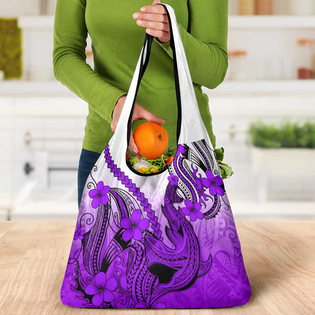 Purple Gradient Hawaii Grocery Bag Polynesian Shark Tattoo With Plumeria LT14 - Polynesian Pride