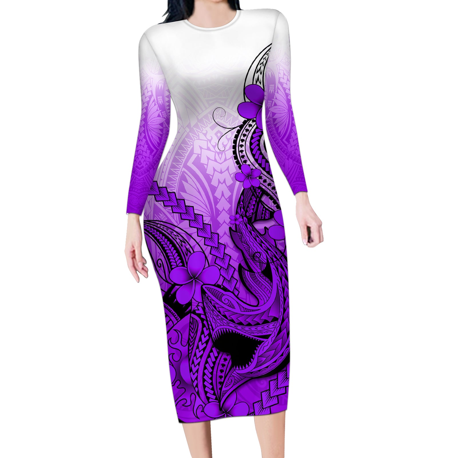 Hawaii Long Sleeve Bodycon Dress Polynesian Shark Tattoo With Plumeria Purple Gradient LT14 Long Dress Purple - Polynesian Pride