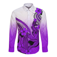 Hawaii Long Sleeve Button Shirt Polynesian Shark Tattoo With Plumeria Purple Gradient LT14 Unisex Purple - Polynesian Pride