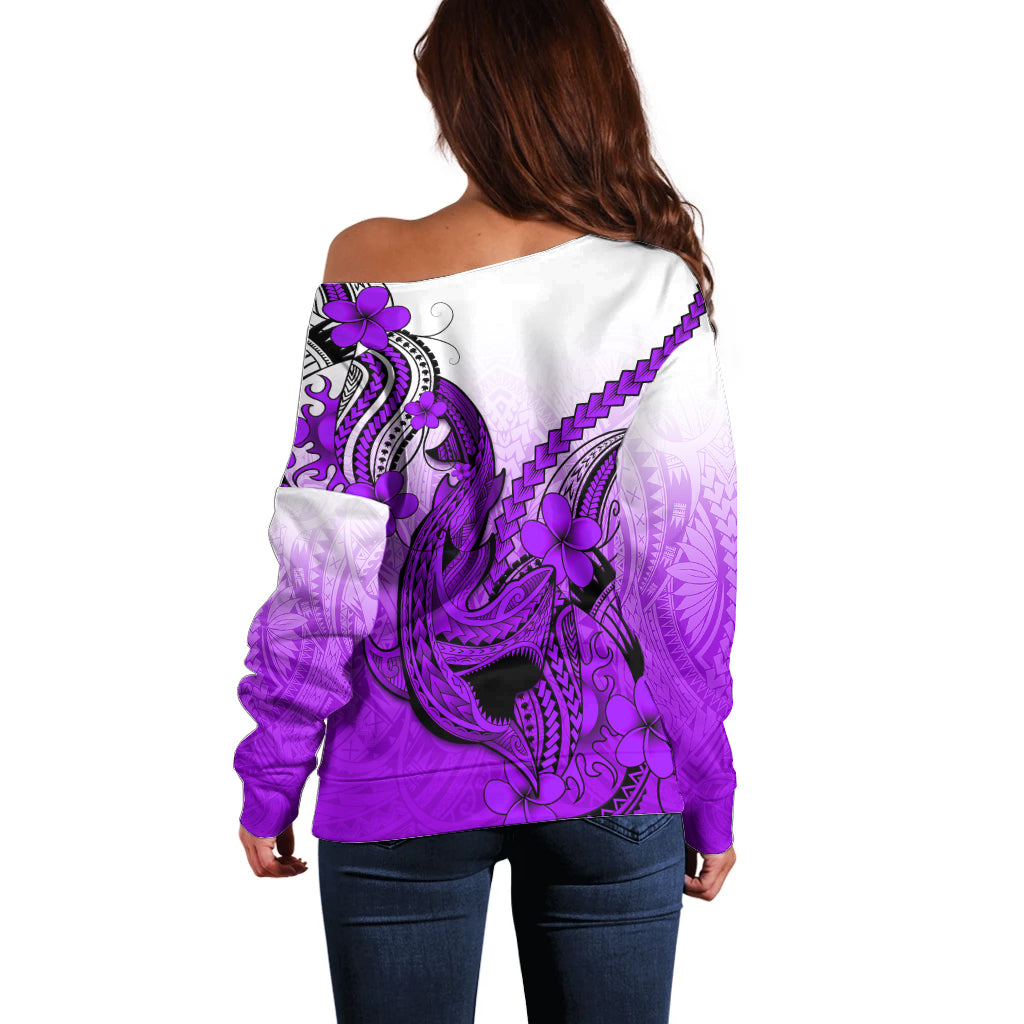 Hawaii Off Shoulder Sweater Polynesian Shark Tattoo With Plumeria Purple Gradient LT14 - Polynesian Pride