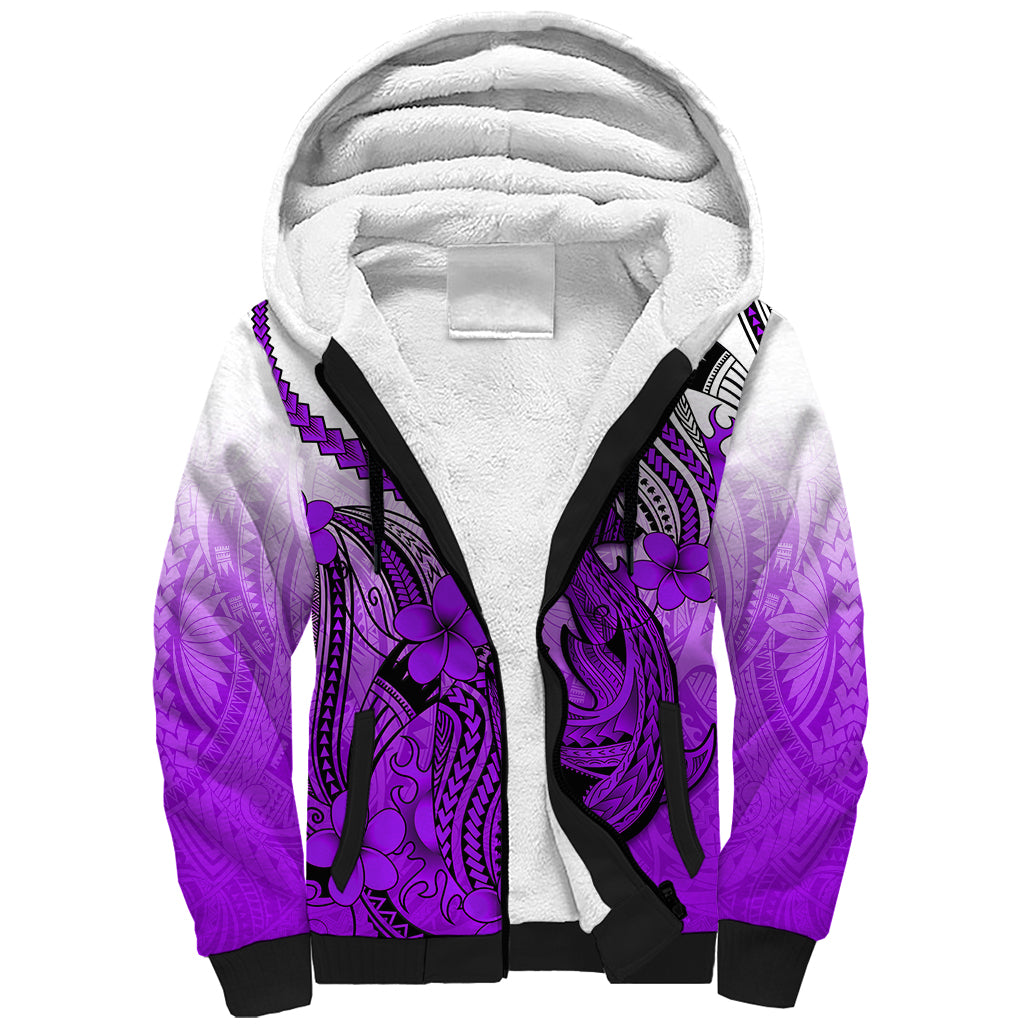 Hawaii Sherpa Hoodie Polynesian Shark Tattoo With Plumeria Purple Gradient LT14 Unisex Purple - Polynesian Pride