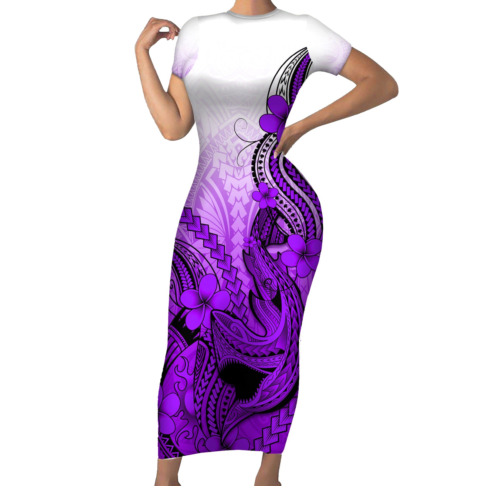 Hawaii Short Sleeve Bodycon Dress Polynesian Shark Tattoo With Plumeria Purple Gradient LT14 Long Dress Purple - Polynesian Pride