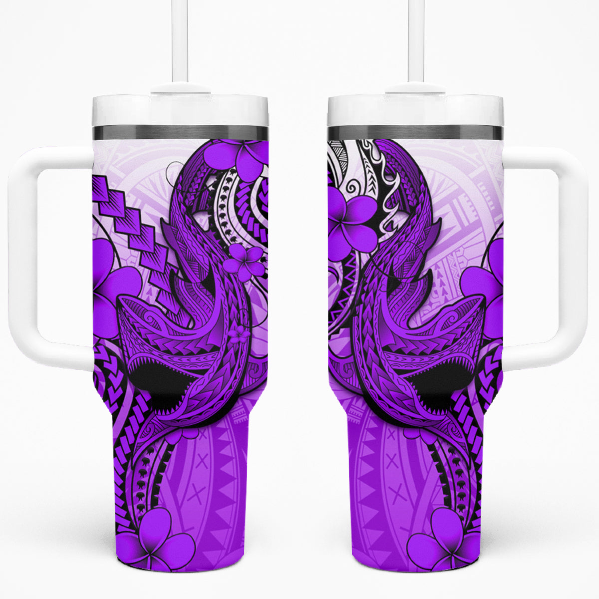 Hawaii Tumbler With Handle Polynesian Shark Tattoo With Plumeria Purple Gradient