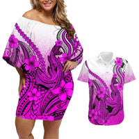 Hawaii Couples Matching Off Shoulder Short Dress and Hawaiian Shirt Polynesian Shark Tattoo With Plumeria Pink Gradient LT14 Pink - Polynesian Pride