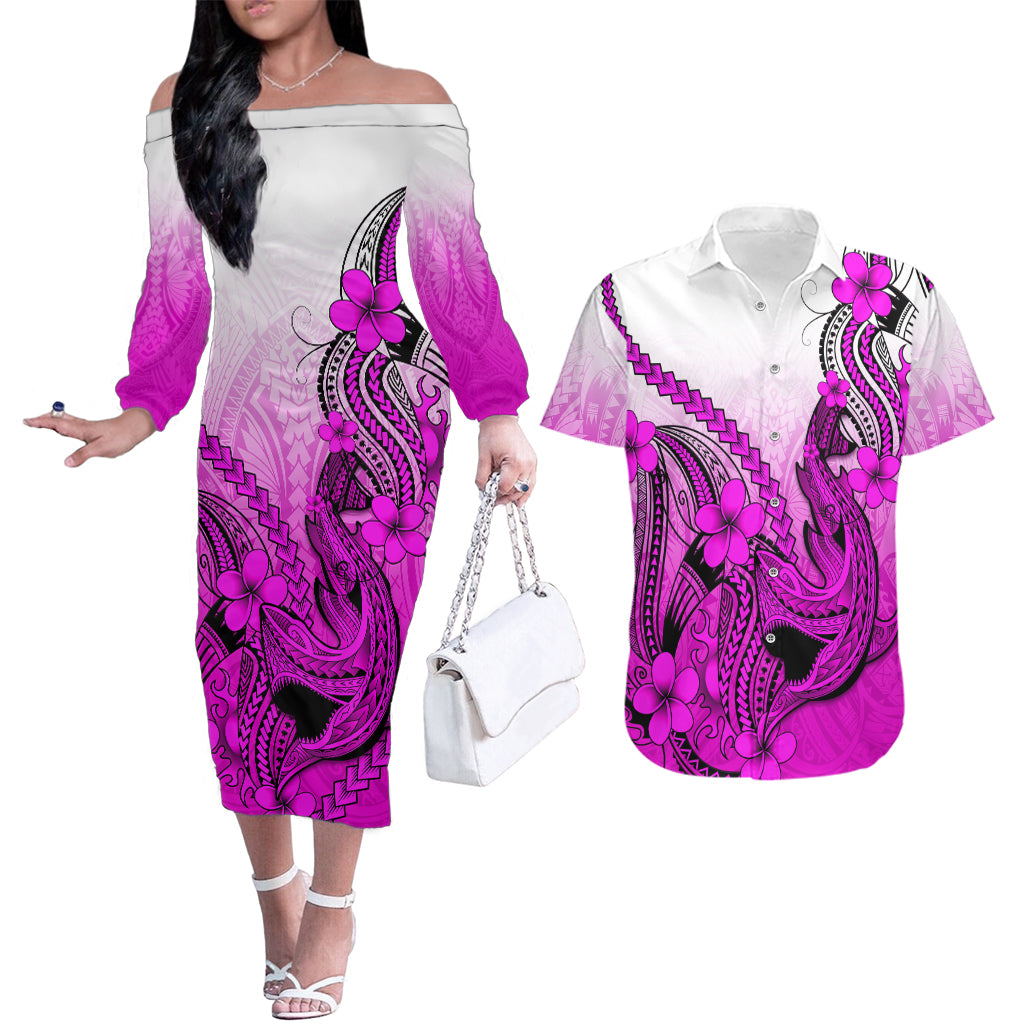 Hawaii Couples Matching Off The Shoulder Long Sleeve Dress and Hawaiian Shirt Polynesian Shark Tattoo With Plumeria Pink Gradient LT14 Pink - Polynesian Pride