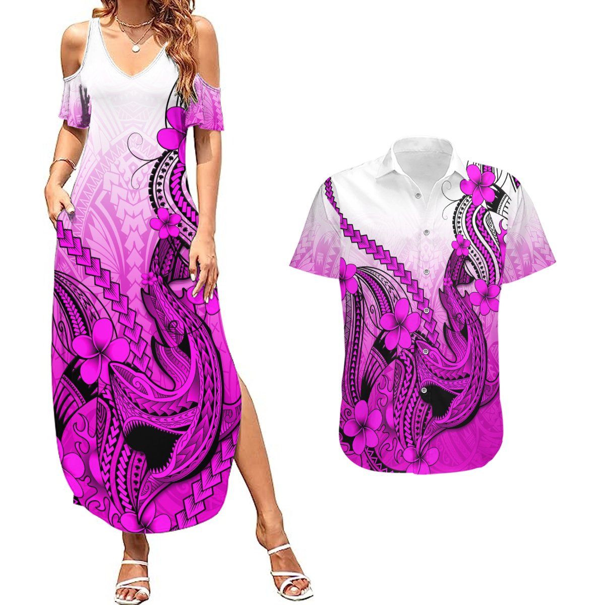 Hawaii Couples Matching Summer Maxi Dress and Hawaiian Shirt Polynesian Shark Tattoo With Plumeria Pink Gradient LT14 Pink - Polynesian Pride