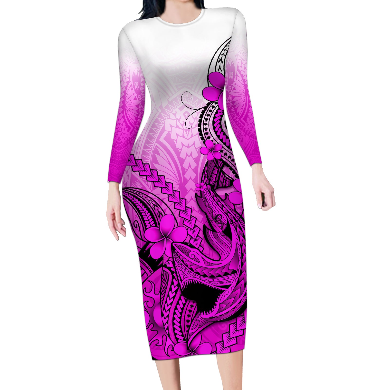 Hawaii Long Sleeve Bodycon Dress Polynesian Shark Tattoo With Plumeria Pink Gradient LT14 Long Dress Pink - Polynesian Pride