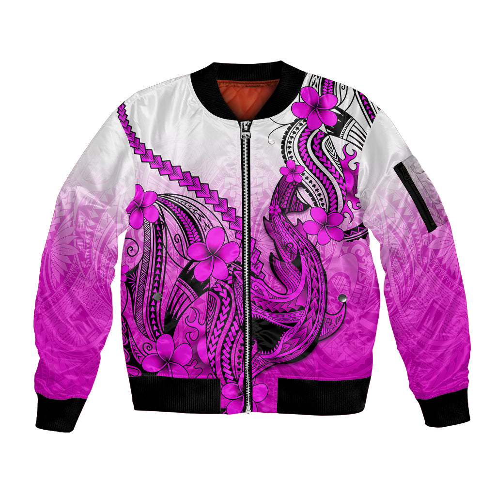 Hawaii Sleeve Zip Bomber Jacket Polynesian Shark Tattoo With Plumeria Pink Gradient LT14 Unisex Pink - Polynesian Pride
