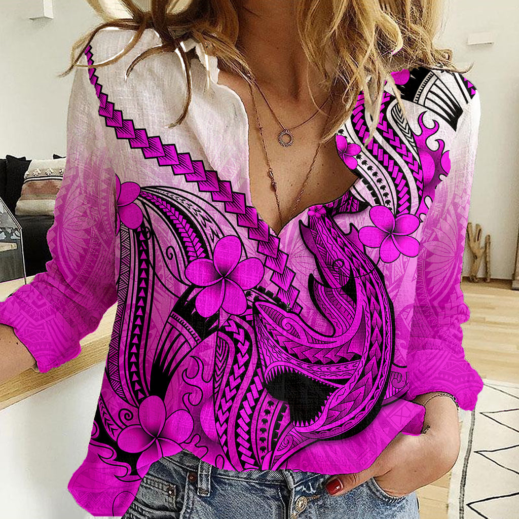 Hawaii Women Casual Shirt Polynesian Shark Tattoo With Plumeria Pink Gradient LT14 Female Pink - Polynesian Pride
