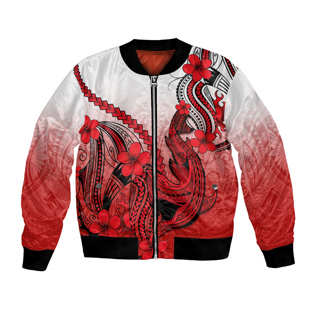 Hawaii Bomber Jacket Polynesian Shark Tattoo With Plumeria Red Gradient LT14 Unisex Red - Polynesian Pride