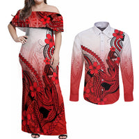 Hawaii Couples Matching Off Shoulder Maxi Dress and Long Sleeve Button Shirts Polynesian Shark Tattoo With Plumeria Red Gradient LT14 Red - Polynesian Pride