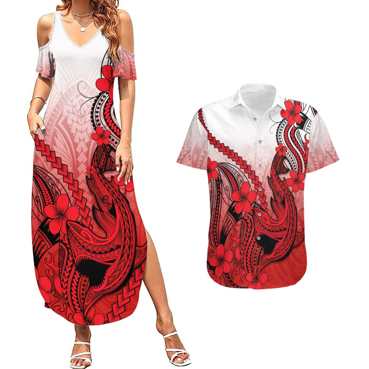 Hawaii Couples Matching Summer Maxi Dress and Hawaiian Shirt Polynesian Shark Tattoo With Plumeria Red Gradient LT14 Red - Polynesian Pride
