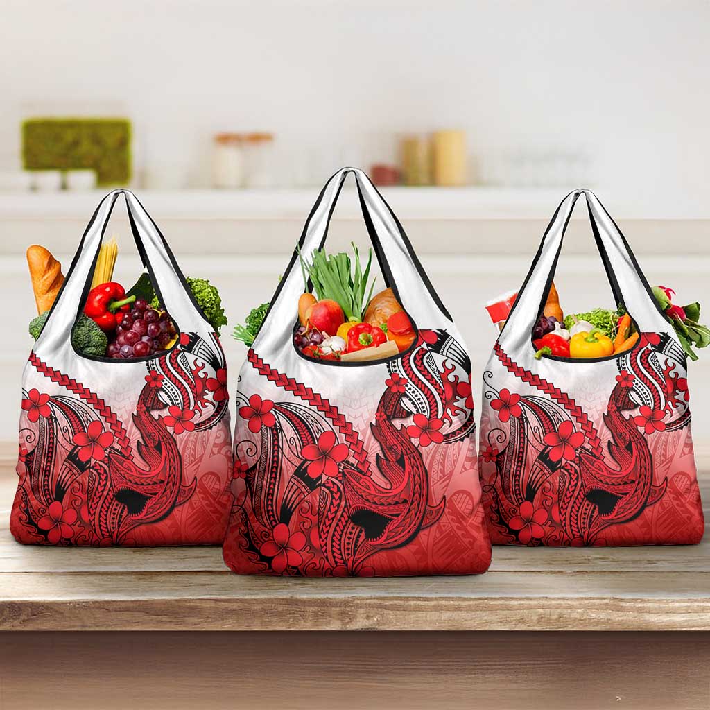 Red Gradient Hawaii Grocery Bag Polynesian Shark Tattoo With Plumeria LT14 3-pack One Size Red - Polynesian Pride