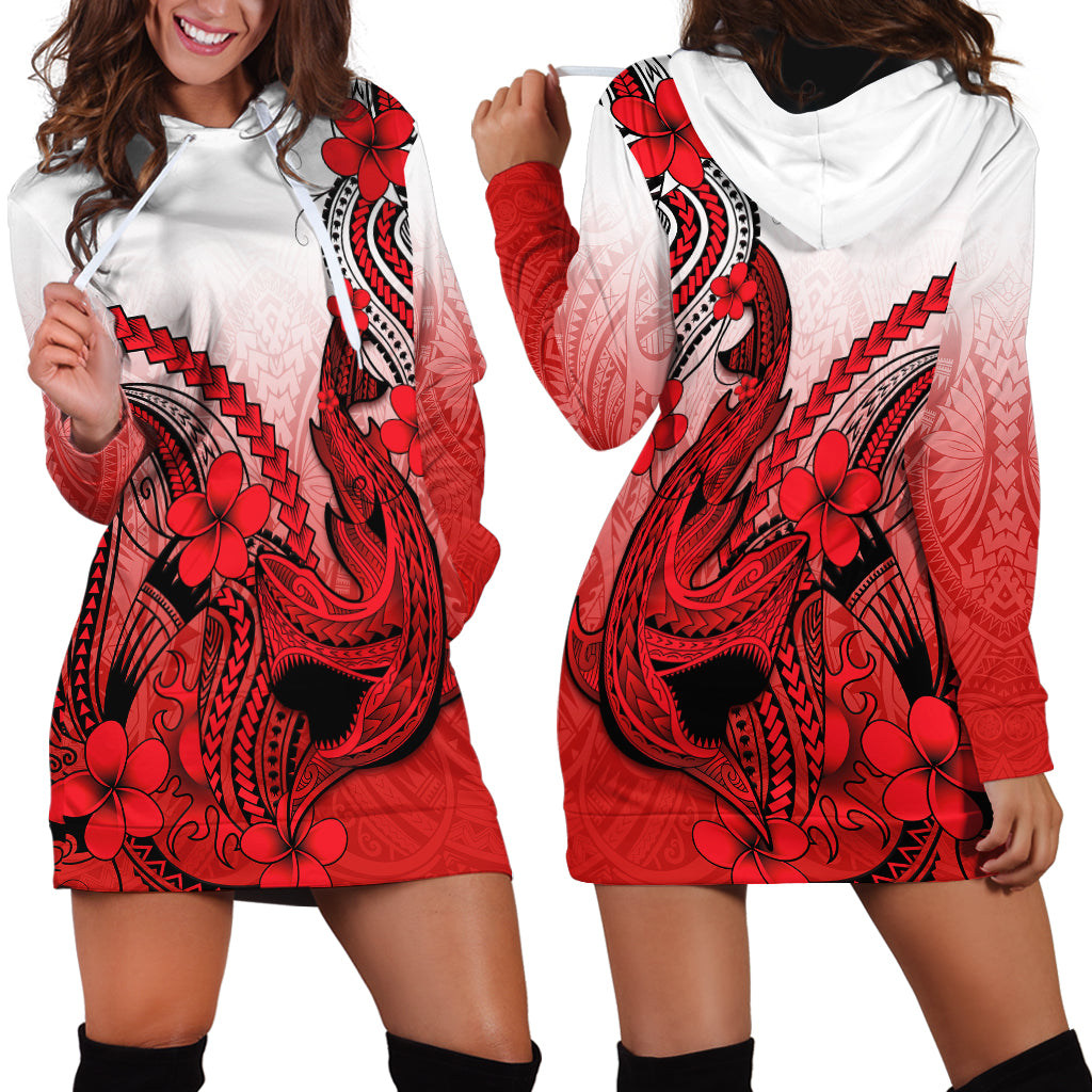 Hawaii Hoodie Dress Polynesian Shark Tattoo With Plumeria Red Gradient LT14 - Polynesian Pride