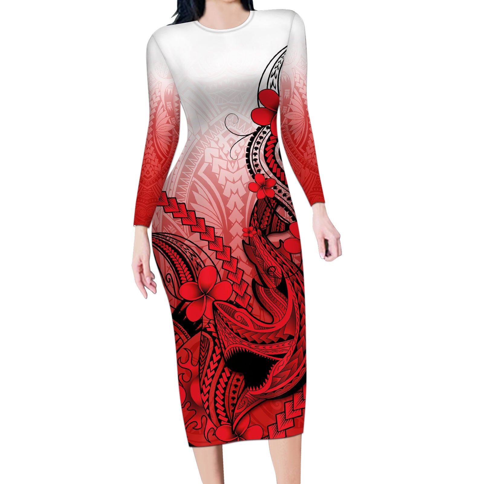 Hawaii Long Sleeve Bodycon Dress Polynesian Shark Tattoo With Plumeria Red Gradient LT14 Long Dress Red - Polynesian Pride