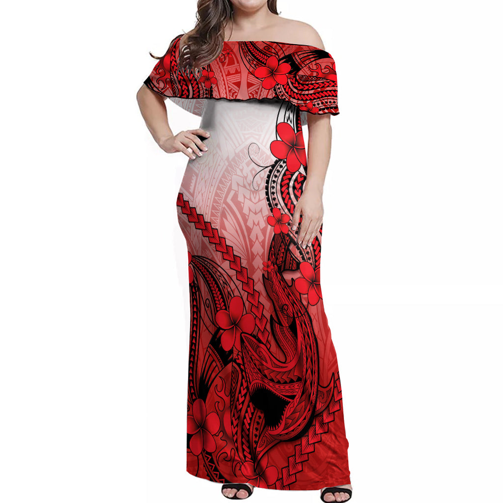 Hawaii Off Shoulder Maxi Dress Polynesian Shark Tattoo With Plumeria Red Gradient LT14 Women Red - Polynesian Pride