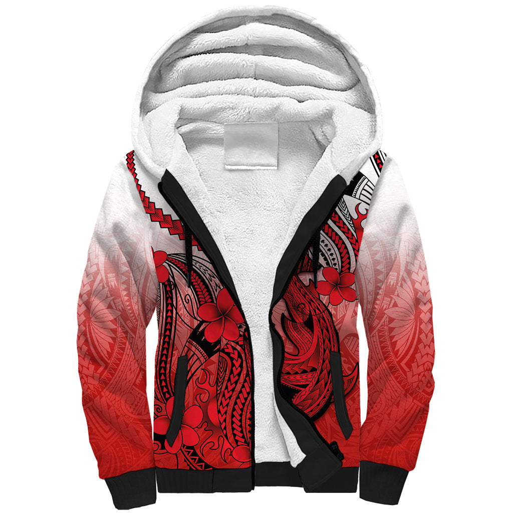 Hawaii Sherpa Hoodie Polynesian Shark Tattoo With Plumeria Red Gradient LT14 Unisex Red - Polynesian Pride