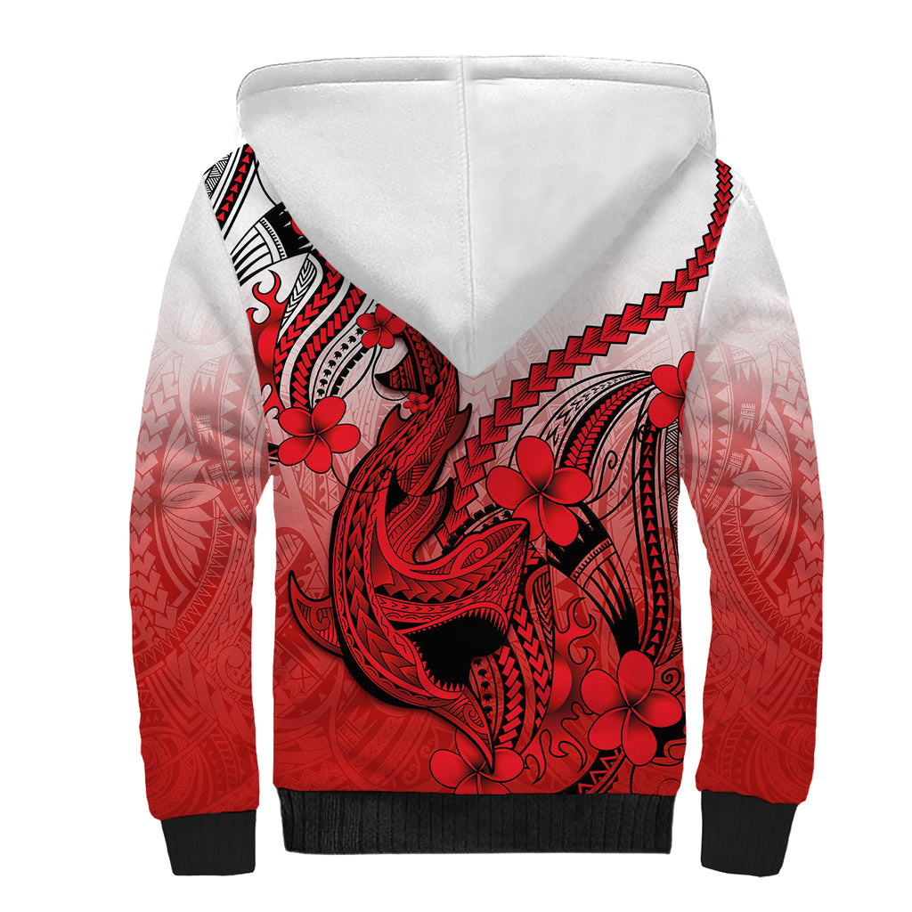 Hawaii Sherpa Hoodie Polynesian Shark Tattoo With Plumeria Red Gradient LT14 - Polynesian Pride