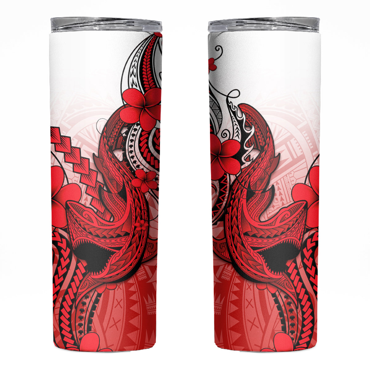 Hawaii Skinny Tumbler Polynesian Shark Tattoo With Plumeria Red Gradient