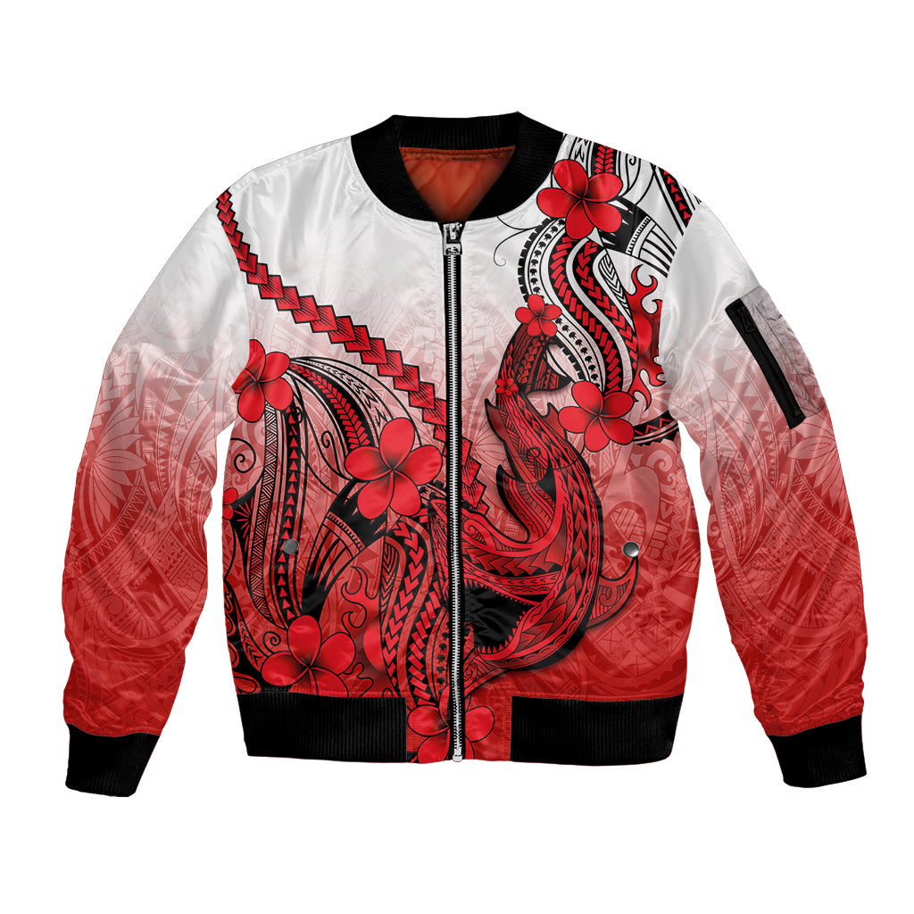 Hawaii Sleeve Zip Bomber Jacket Polynesian Shark Tattoo With Plumeria Red Gradient LT14 Unisex Red - Polynesian Pride