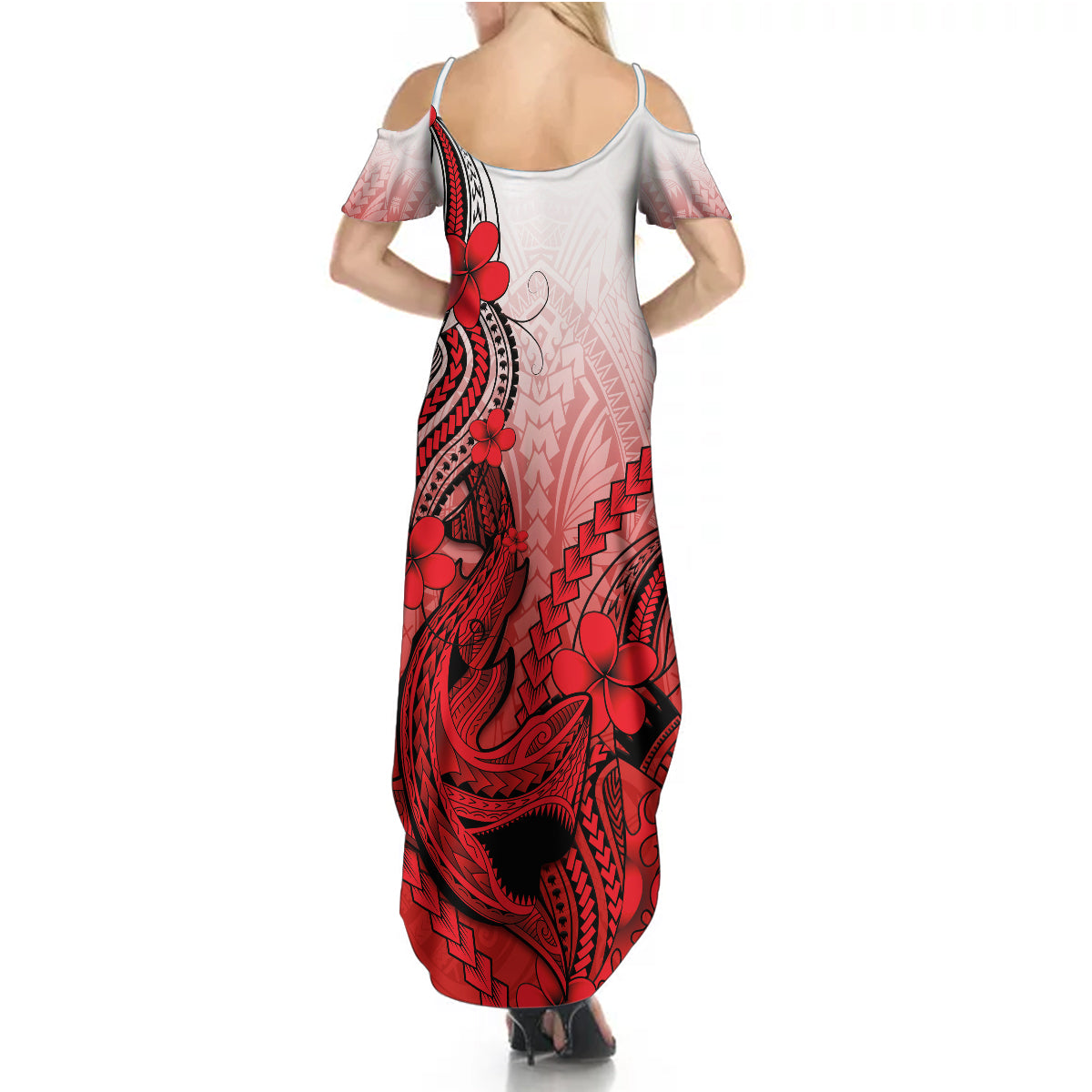 Hawaii Summer Maxi Dress Polynesian Shark Tattoo With Plumeria Red Gradient LT14 - Polynesian Pride