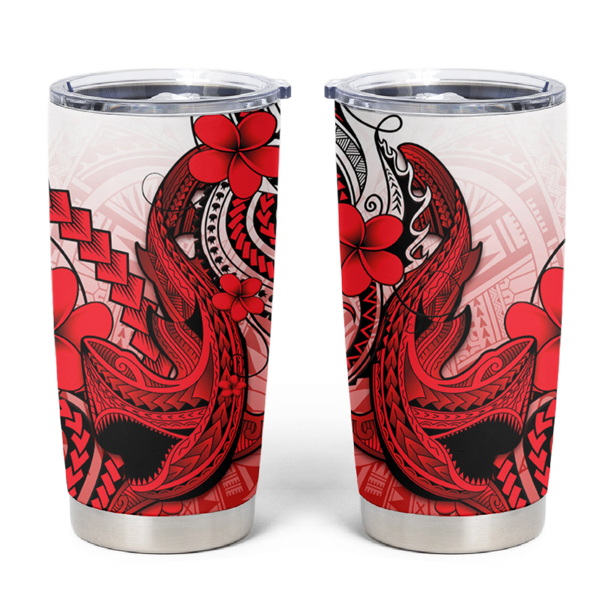 Hawaii Tumbler Cup Polynesian Shark Tattoo With Plumeria Red Gradient