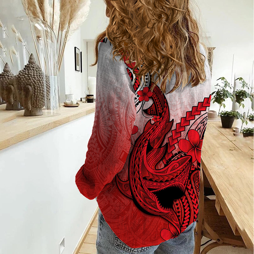 Hawaii Women Casual Shirt Polynesian Shark Tattoo With Plumeria Red Gradient LT14 - Polynesian Pride