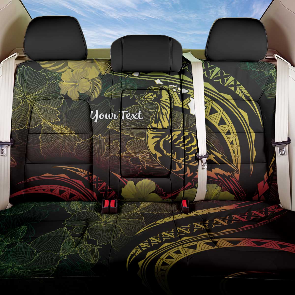 Personalised Hawaii Nene Goose Back Car Seat Cover Hawaiian Map Hibiscus Polynesian Art - Reggae Gradient