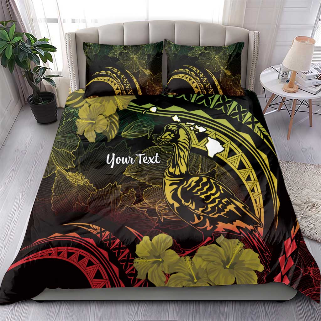 Personalised Hawaii Nene Goose Bedding Set Hawaiian Map Hibiscus Polynesian Art - Reggae Gradient