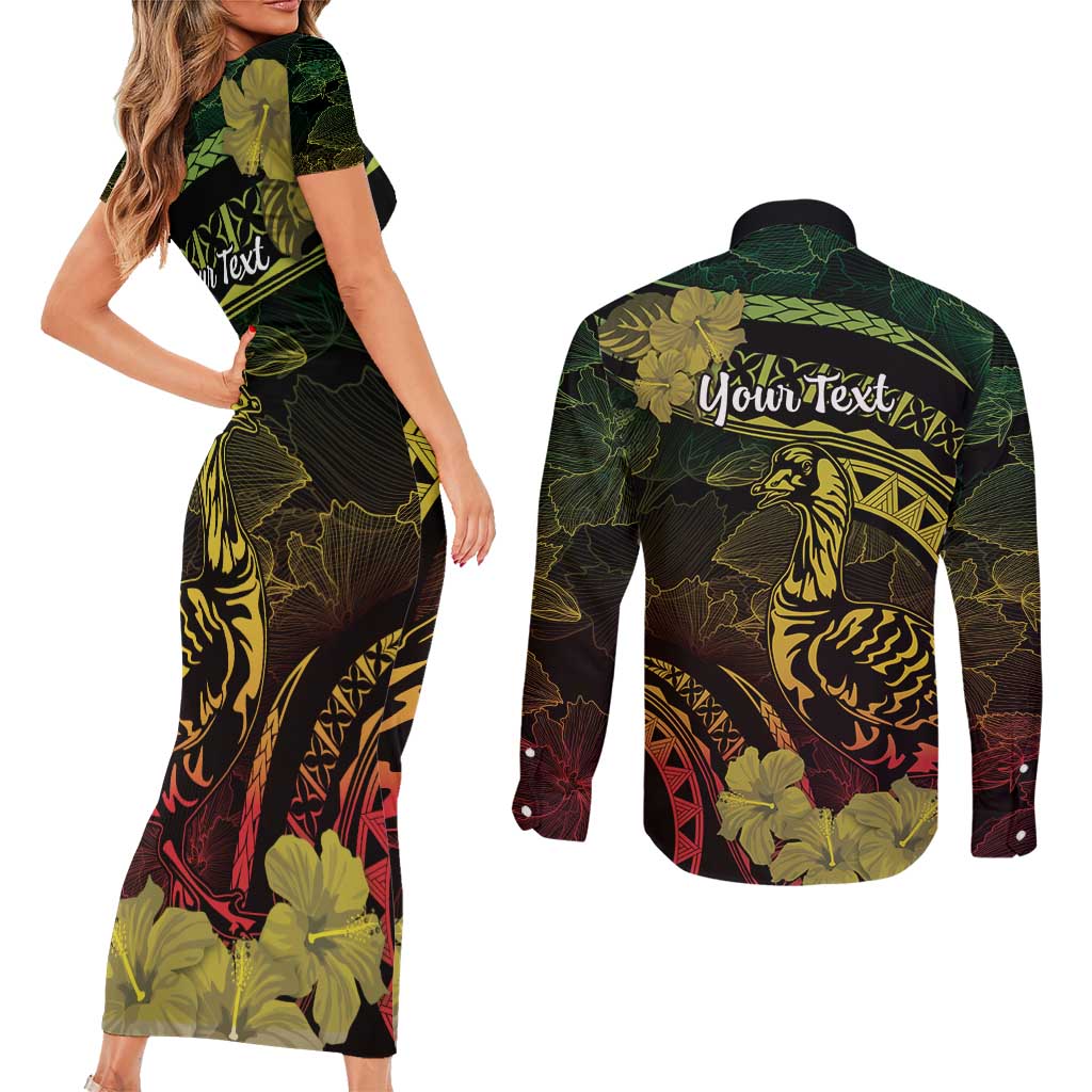 Personalised Hawaii Nene Goose Couples Matching Short Sleeve Bodycon Dress and Long Sleeve Button Shirt Hawaiian Map Hibiscus Polynesian Art - Reggae Gradient