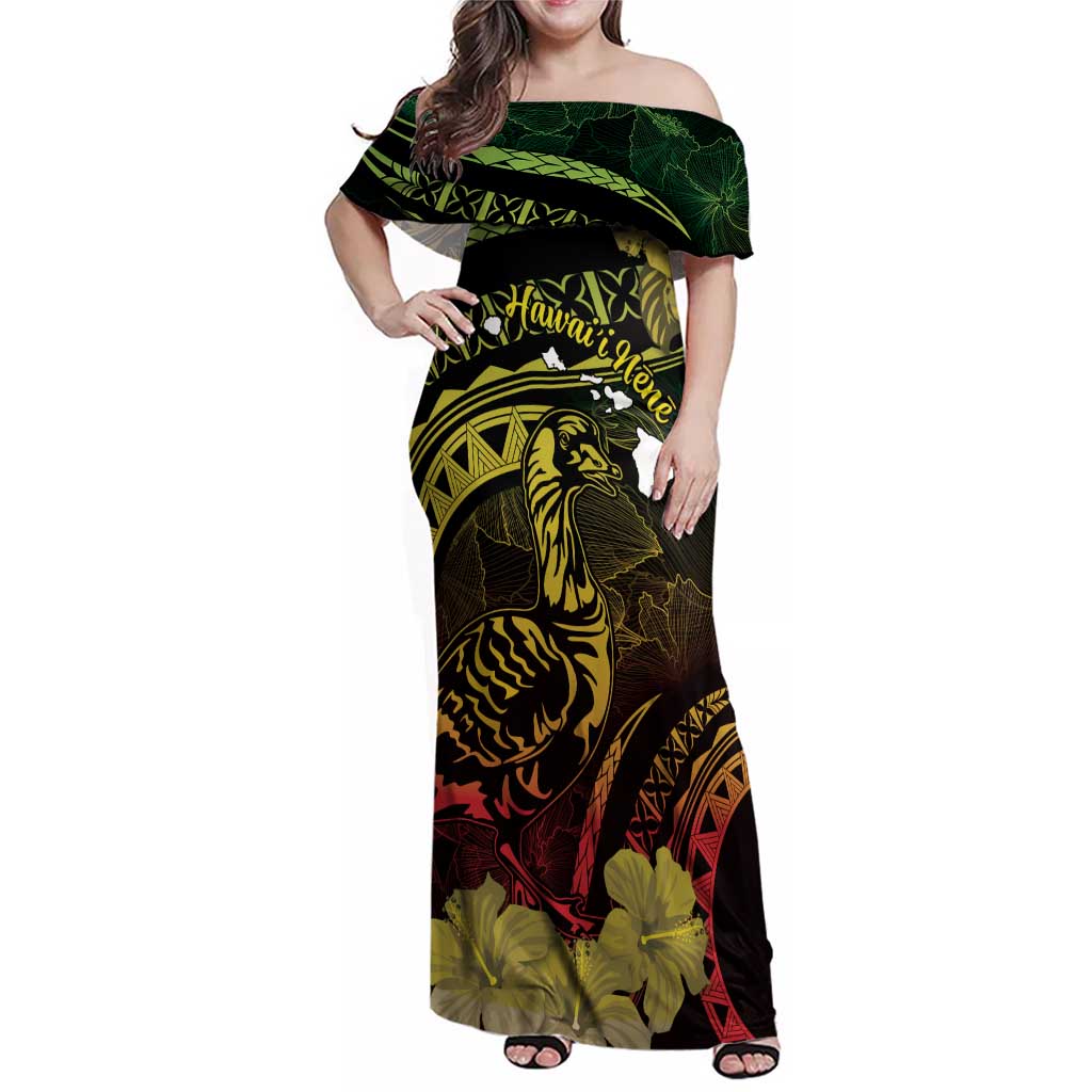 Personalised Hawaii Nene Goose Family Matching Off Shoulder Maxi Dress and Hawaiian Shirt Hawaiian Map Hibiscus Polynesian Art - Reggae Gradient