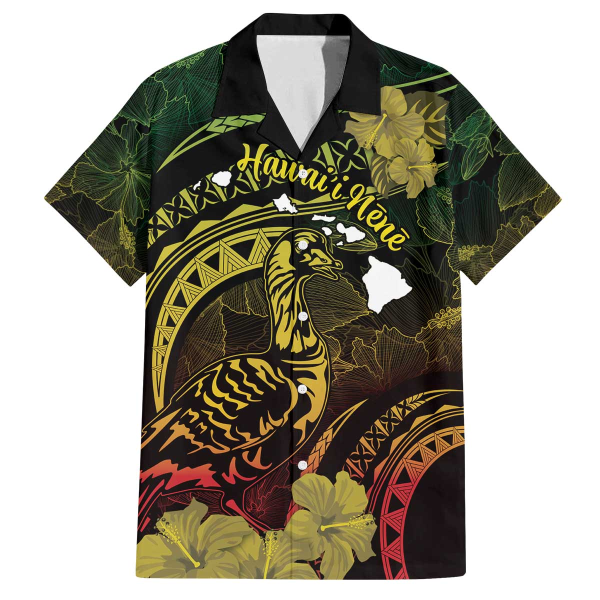 Personalised Hawaii Nene Goose Family Matching Puletasi and Hawaiian Shirt Hawaiian Map Hibiscus Polynesian Art - Reggae Gradient LT14 Dad's Shirt - Short Sleeve Reggae - Polynesian Pride