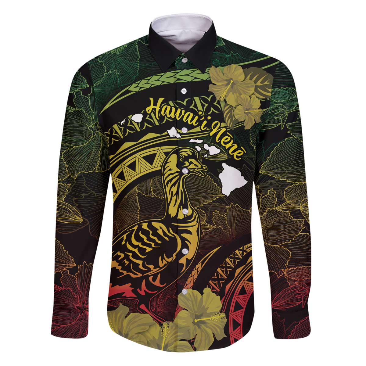 Personalised Hawaii Nene Goose Family Matching Puletasi and Hawaiian Shirt Hawaiian Map Hibiscus Polynesian Art - Reggae Gradient LT14 Dad's Shirt - Long Sleeve Reggae - Polynesian Pride