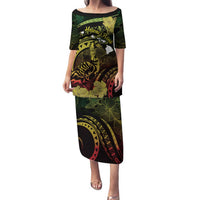 Personalised Hawaii Nene Goose Family Matching Puletasi and Hawaiian Shirt Hawaiian Map Hibiscus Polynesian Art - Reggae Gradient LT14 Mom's Dress Reggae - Polynesian Pride