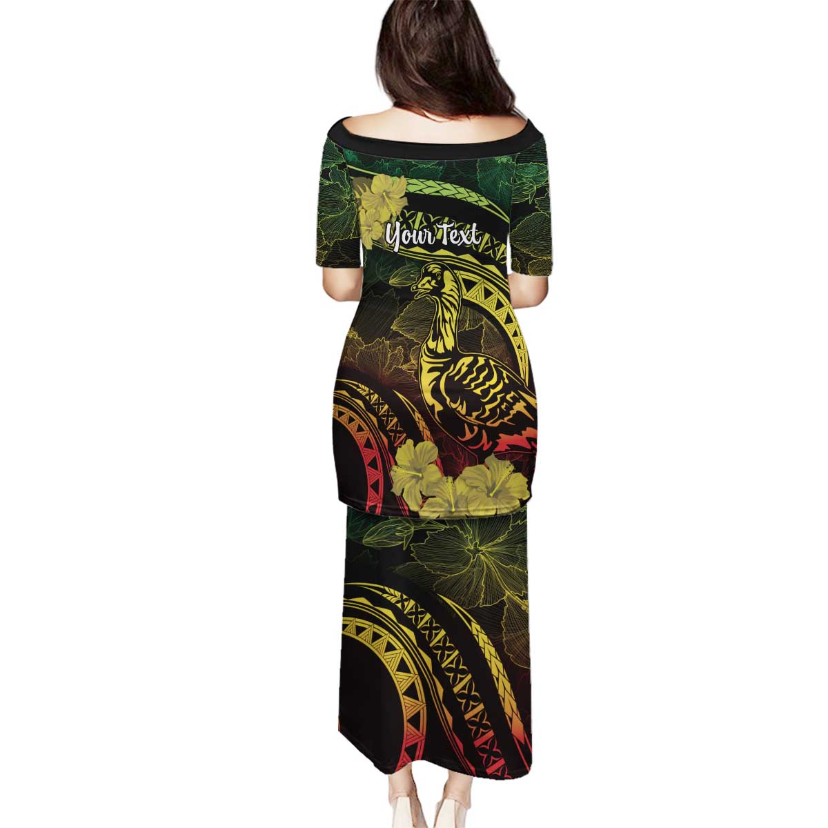 Personalised Hawaii Nene Goose Family Matching Puletasi and Hawaiian Shirt Hawaiian Map Hibiscus Polynesian Art - Reggae Gradient LT14 - Polynesian Pride