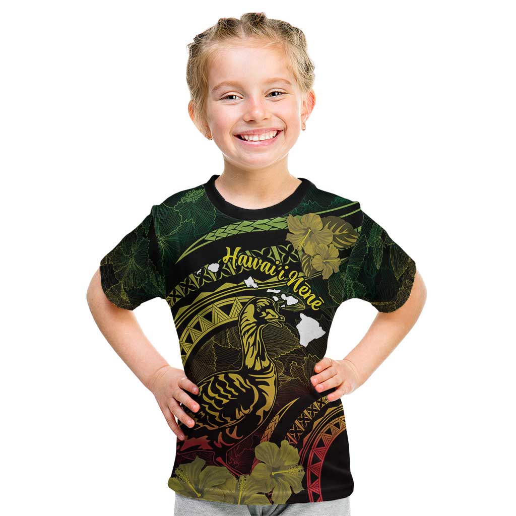 Personalised Hawaii Nene Goose Kid T Shirt Hawaiian Map Hibiscus Polynesian Art - Reggae Gradient LT14 Reggae - Polynesian Pride