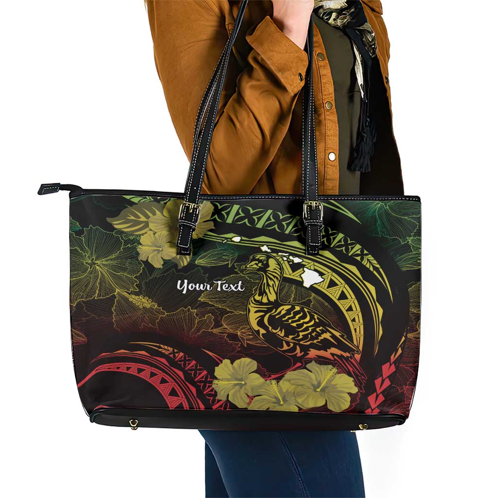 Personalised Hawaii Nene Goose Leather Tote Bag Hawaiian Map Hibiscus Polynesian Art - Reggae Gradient LT14 - Polynesian Pride