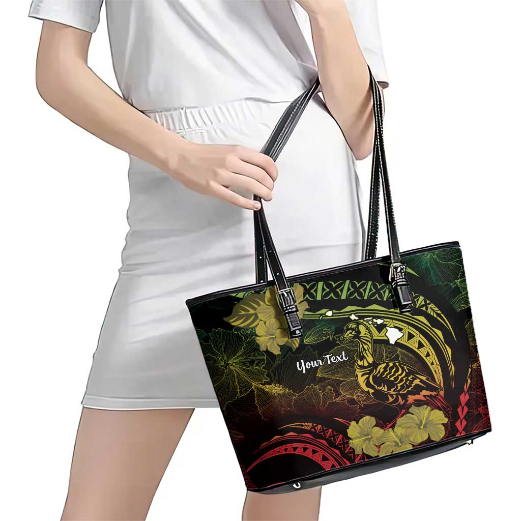 Personalised Hawaii Nene Goose Leather Tote Bag Hawaiian Map Hibiscus Polynesian Art - Reggae Gradient LT14 - Polynesian Pride