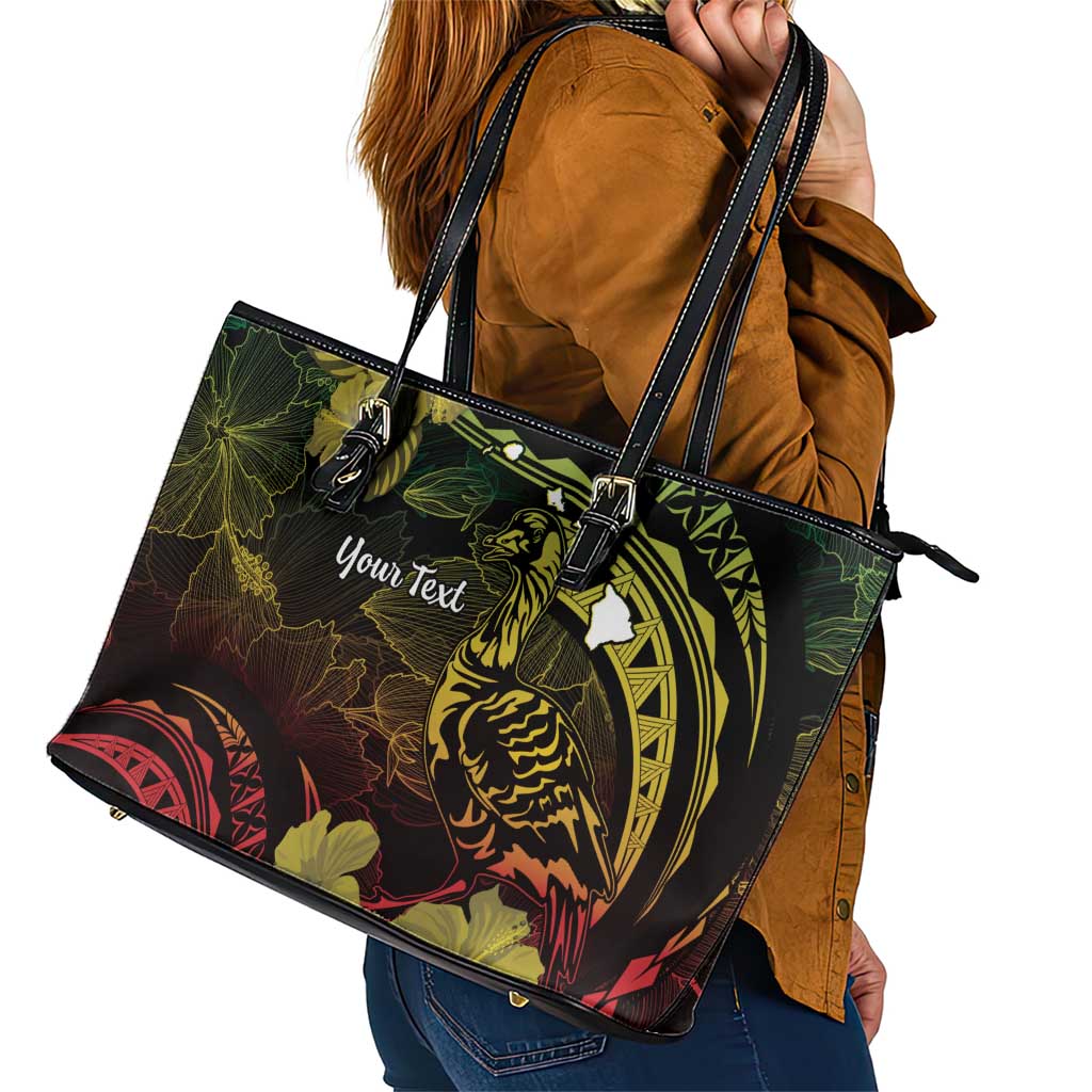 Personalised Hawaii Nene Goose Leather Tote Bag Hawaiian Map Hibiscus Polynesian Art - Reggae Gradient LT14 - Polynesian Pride
