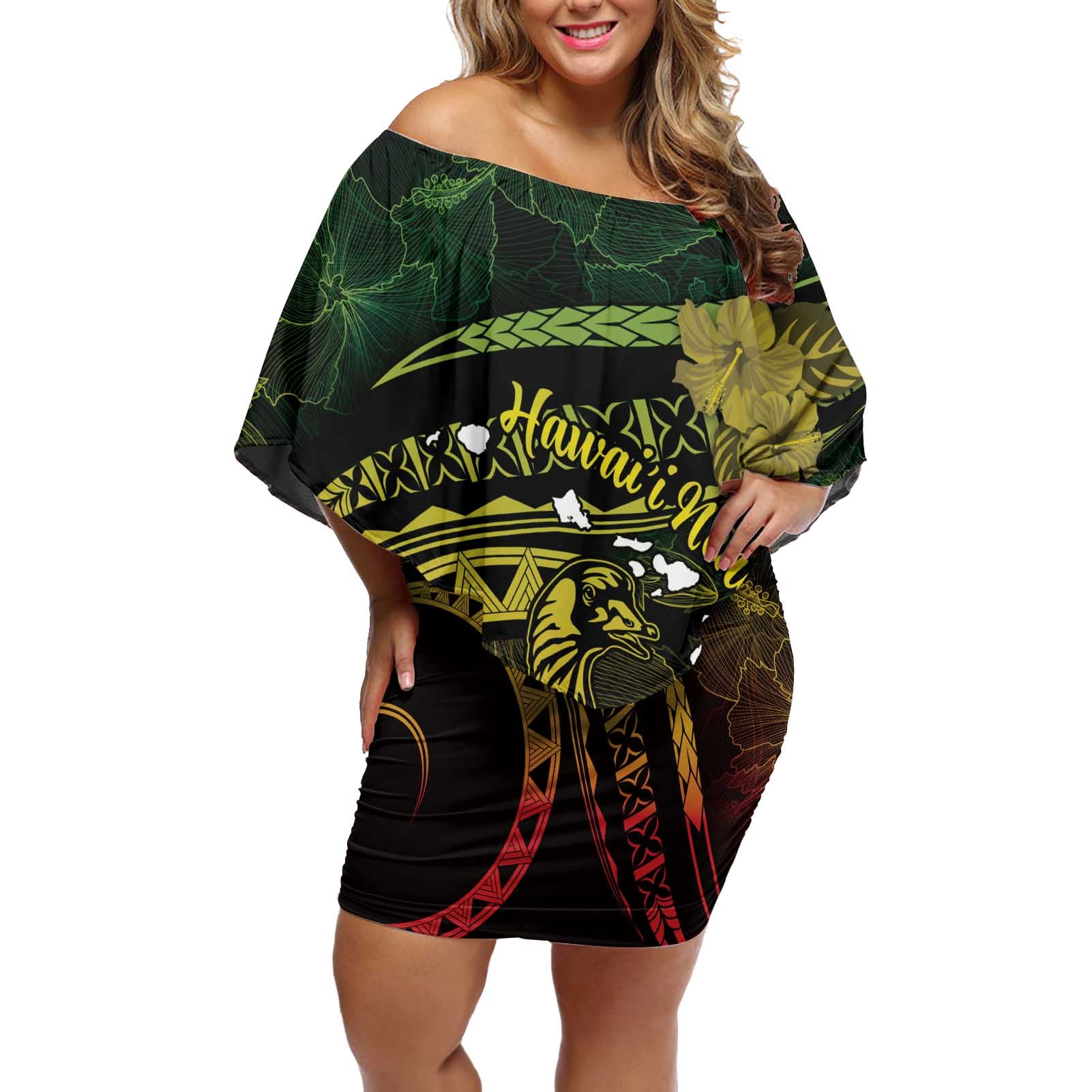 Personalised Hawaii Nene Goose Off Shoulder Short Dress Hawaiian Map Hibiscus Polynesian Art - Reggae Gradient