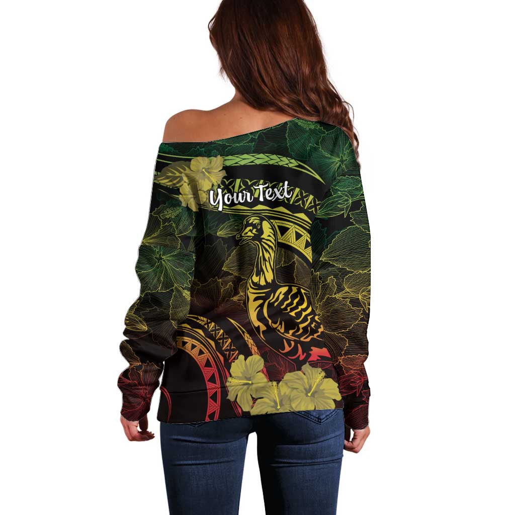 Personalised Hawaii Nene Goose Off Shoulder Sweater Hawaiian Map Hibiscus Polynesian Art - Reggae Gradient