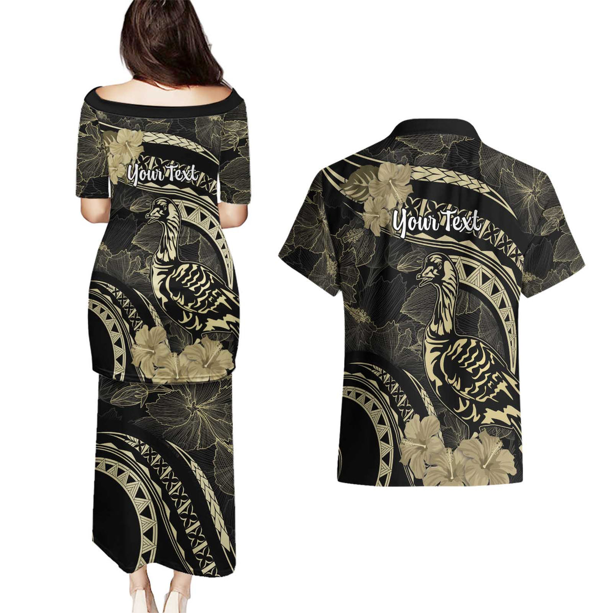 Personalised Hawaii Nene Goose Couples Matching Puletasi and Hawaiian Shirt Hawaiian Map Hibiscus Polynesian Art - Beige LT14 - Polynesian Pride