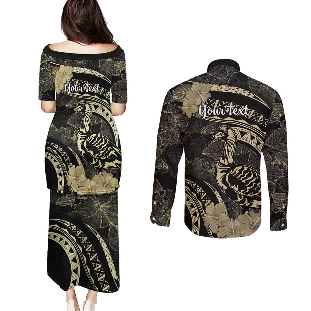 Personalised Hawaii Nene Goose Couples Matching Puletasi and Long Sleeve Button Shirt Hawaiian Map Hibiscus Polynesian Art - Beige LT14 - Polynesian Pride