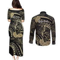 Personalised Hawaii Nene Goose Couples Matching Puletasi and Long Sleeve Button Shirt Hawaiian Map Hibiscus Polynesian Art - Beige LT14 - Polynesian Pride