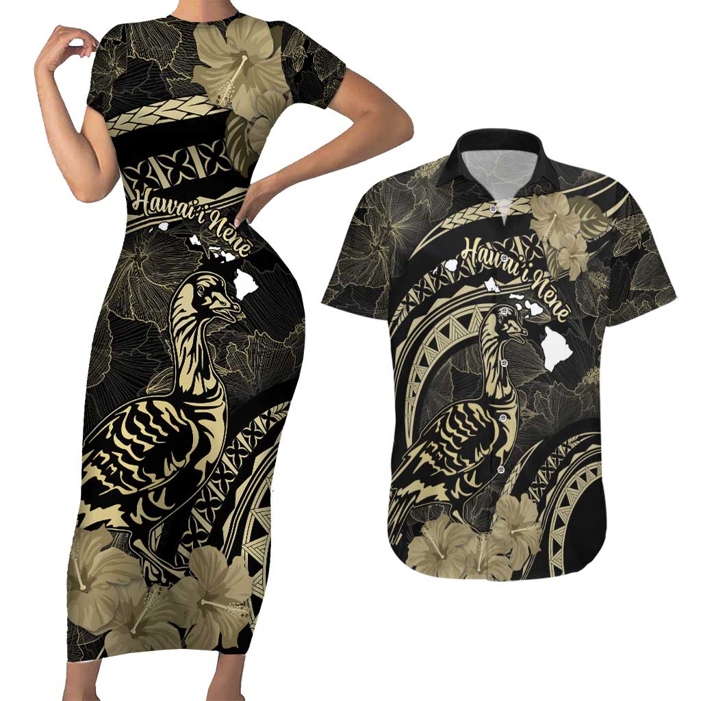 Personalised Hawaii Nene Goose Couples Matching Short Sleeve Bodycon Dress and Hawaiian Shirt Hawaiian Map Hibiscus Polynesian Art - Beige