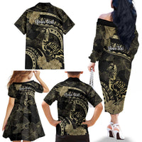 Personalised Hawaii Nene Goose Family Matching Off The Shoulder Long Sleeve Dress and Hawaiian Shirt Hawaiian Map Hibiscus Polynesian Art - Beige