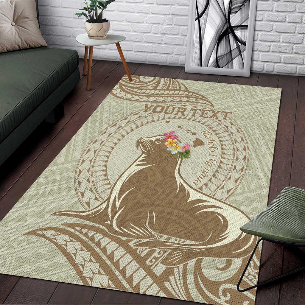 Personalised Hawaii Monk Seal Area Rug Polynesian Tattoo With Tropical Flowers - Beige Pastel