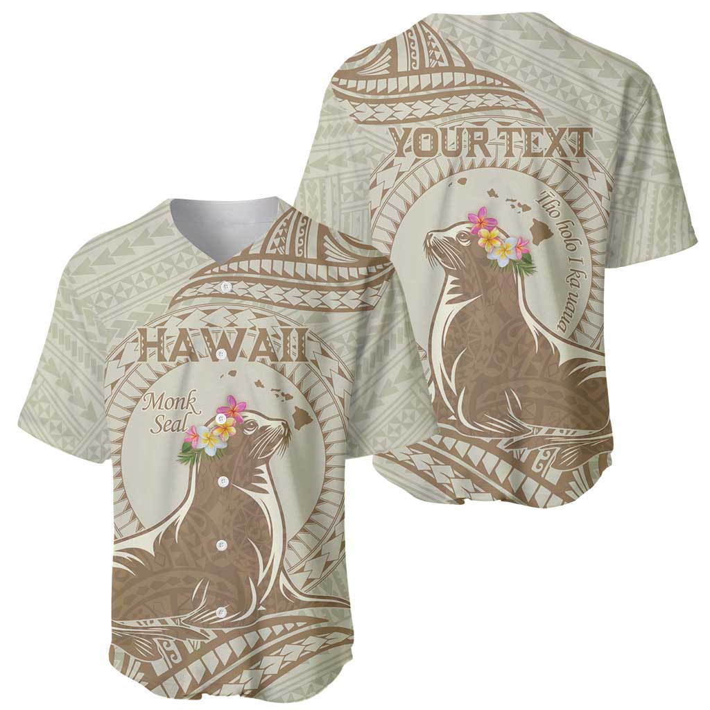 Personalised Hawaii Monk Seal Baseball Jersey Polynesian Tattoo With Tropical Flowers - Beige Pastel