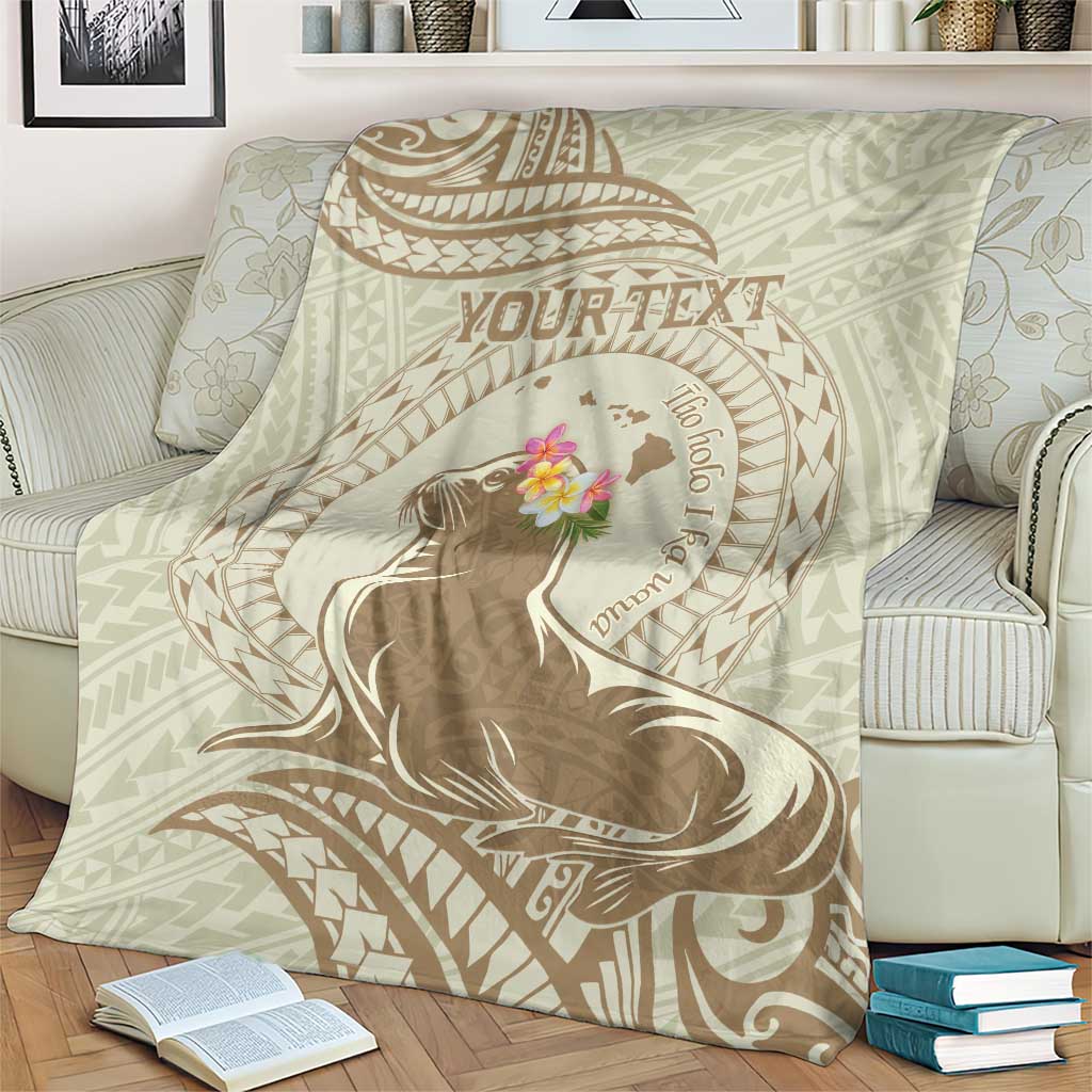 Personalised Hawaii Monk Seal Blanket Polynesian Tattoo With Tropical Flowers - Beige Pastel
