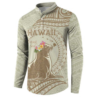 Personalised Hawaii Monk Seal Button Sweatshirt Polynesian Tattoo With Tropical Flowers - Beige Pastel